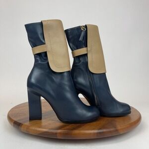 Womens Jil Sander Blue Brown Leather Heeled Ankle Booties Boots Size 35 US 5 M